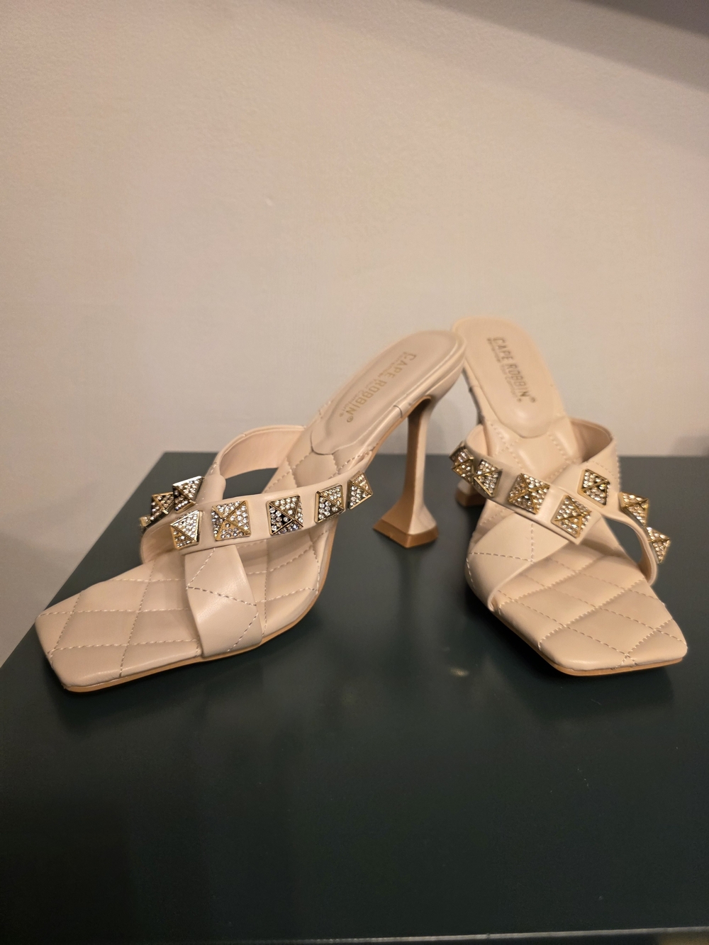 Cape Robin Beige Quilted High-Heel Slide Sandals with Studded Straps